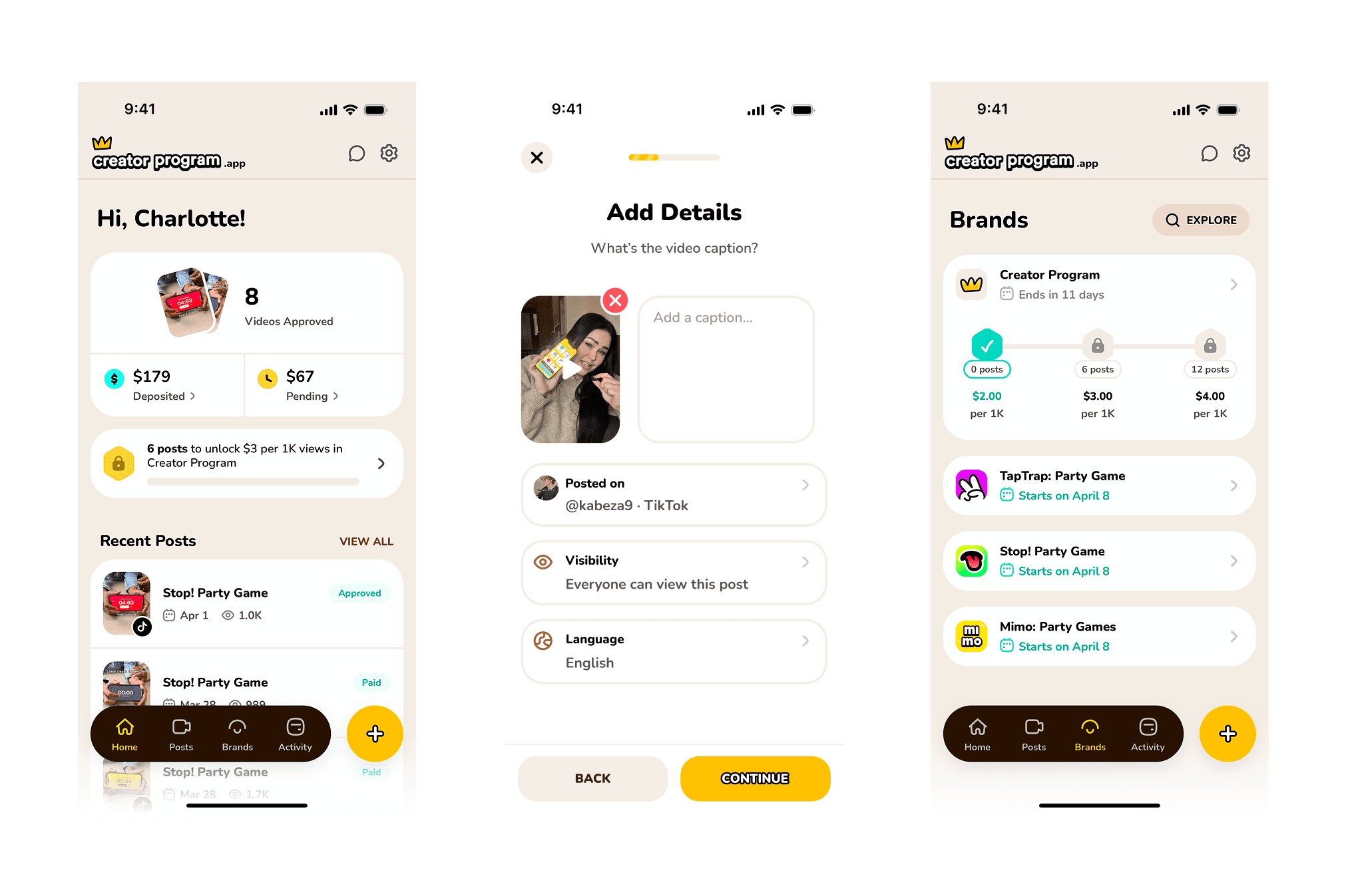 Creator Program app screens showing creator dashboard, post details flow, and brands list